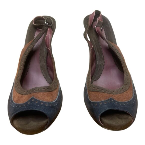 Sportmax Suede Wingtip Brown Blue Open Toe Heel Size 7 Made in Italy - Picture 2 of 10